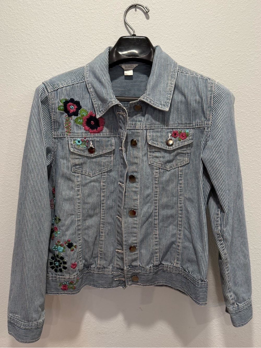 Cottagecore Embroidered Railroad Stripe Denim Jacket Floral Prairie Jacket Size - Picture 3 of 12